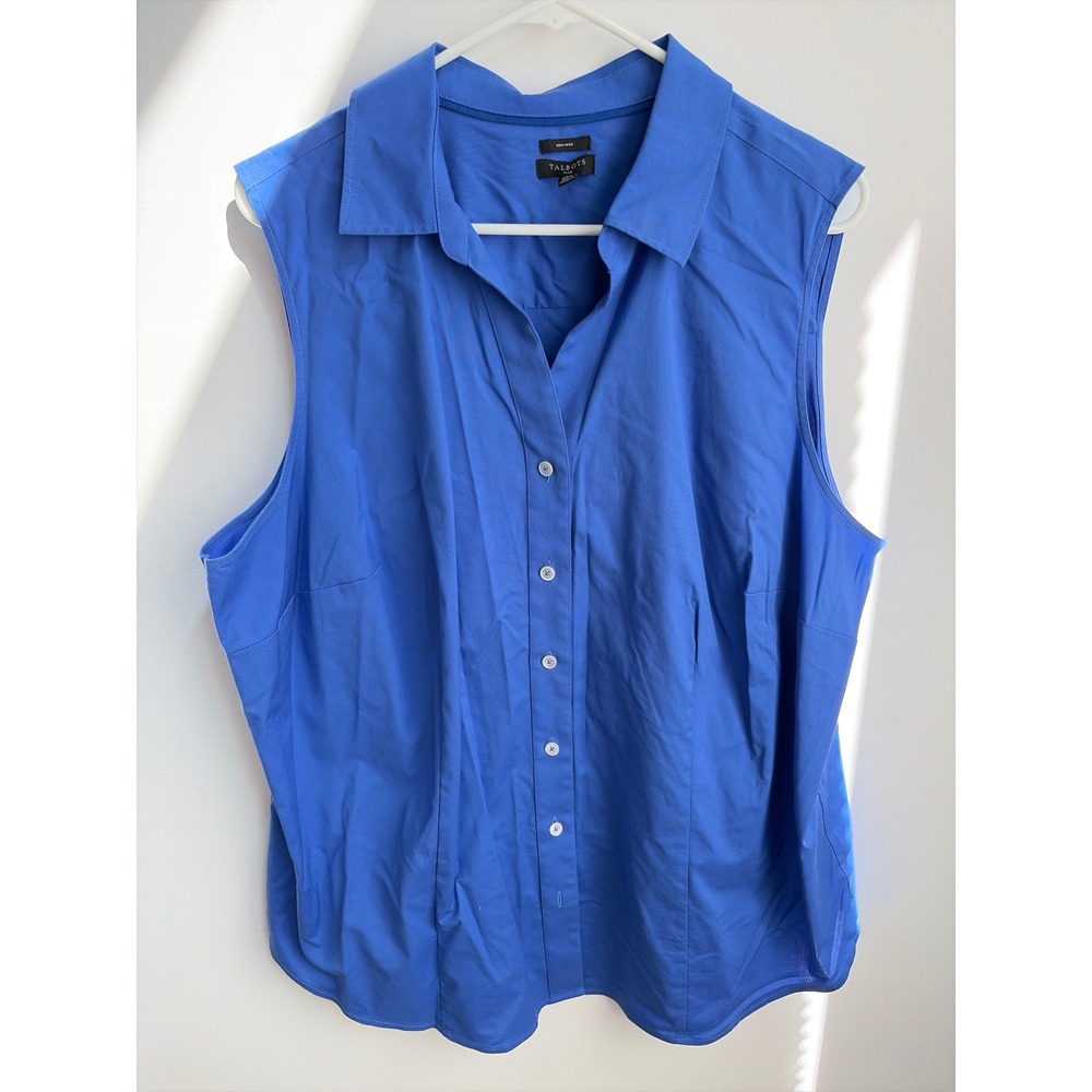Talbots Sleeveless Shirt 20W Preppy Blue Non-Iron Button Down Plus Size Cotton